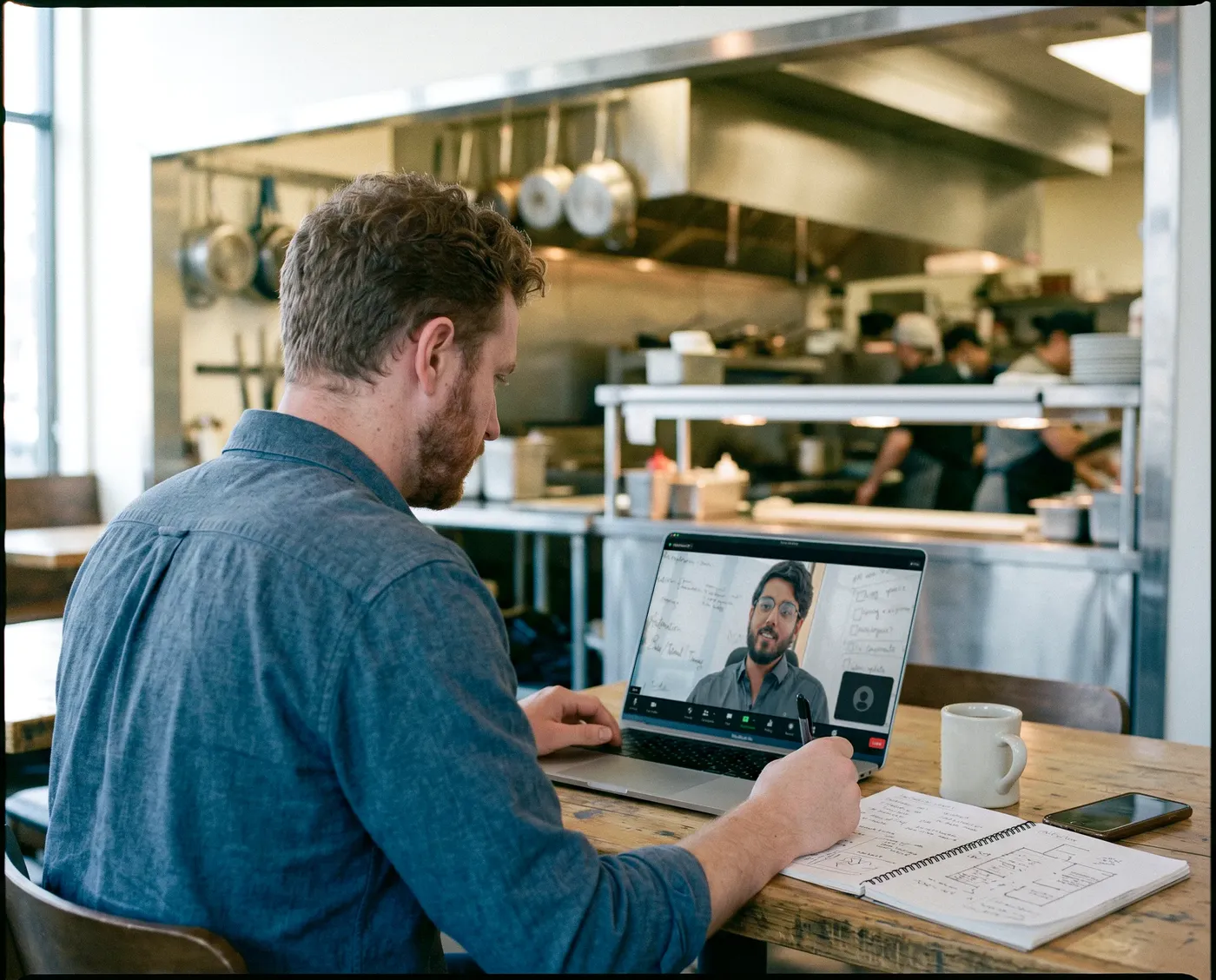Restaurant owner on a video call with their AIO Buddy