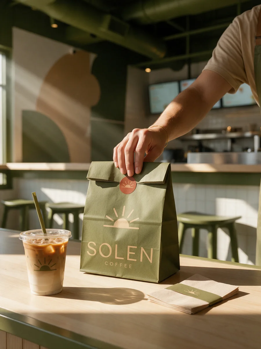 A guest picks up a branded takeaway bag