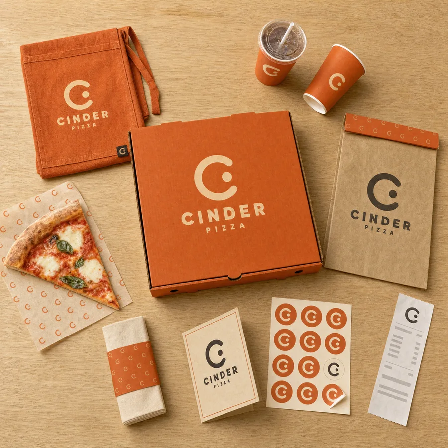 Branded pizza box, cups, apron and stickers in one matching style