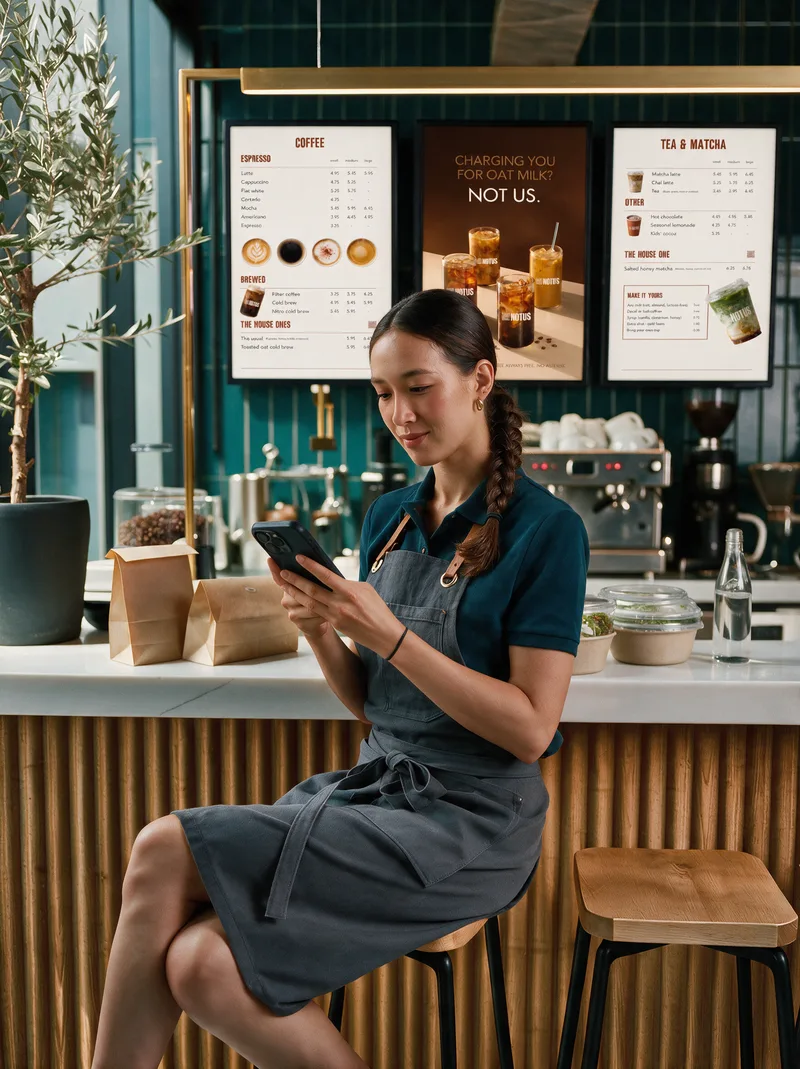 A barista checking her phone at the counter under the menu boards