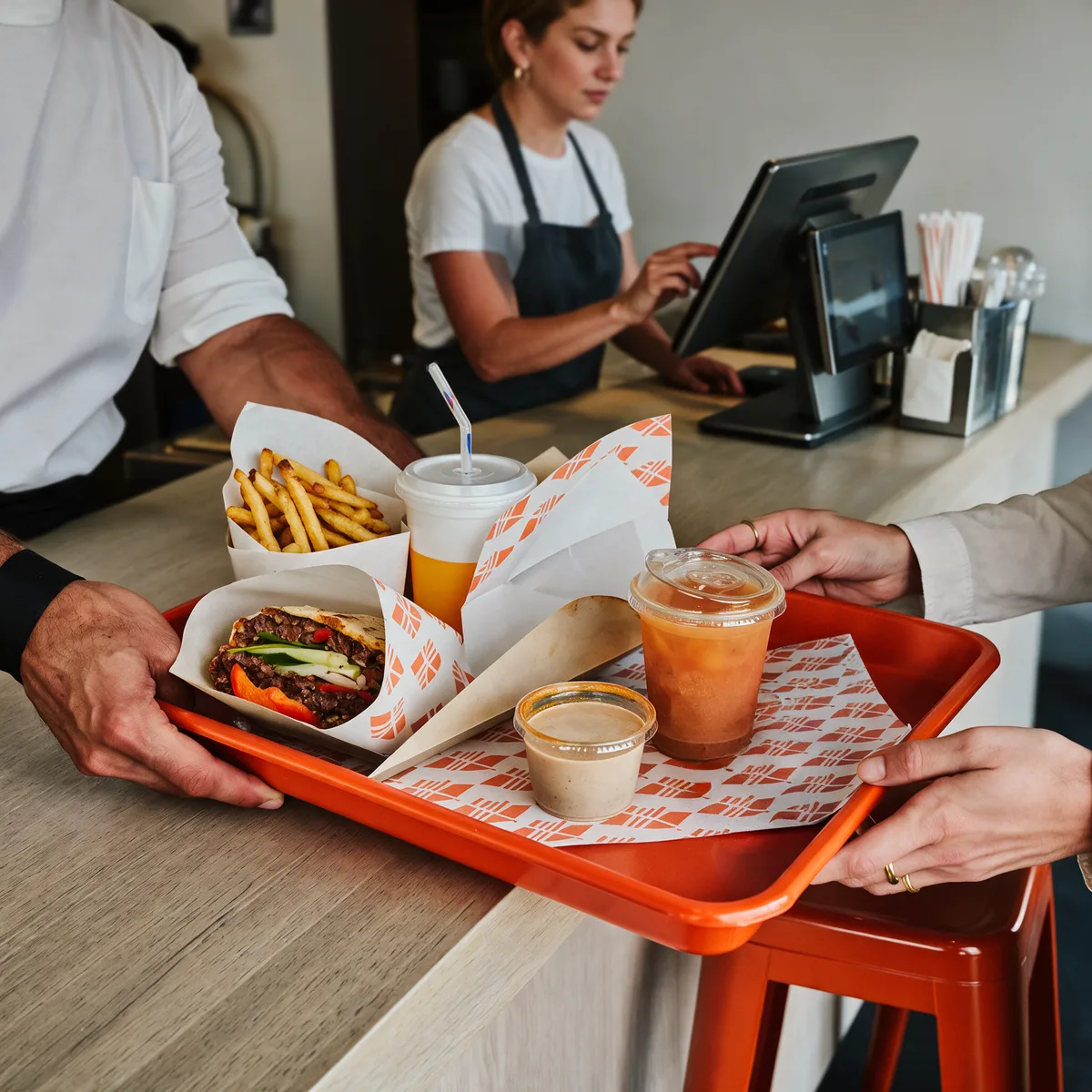 Restaurant staff handing a branded tray of food to a guest
