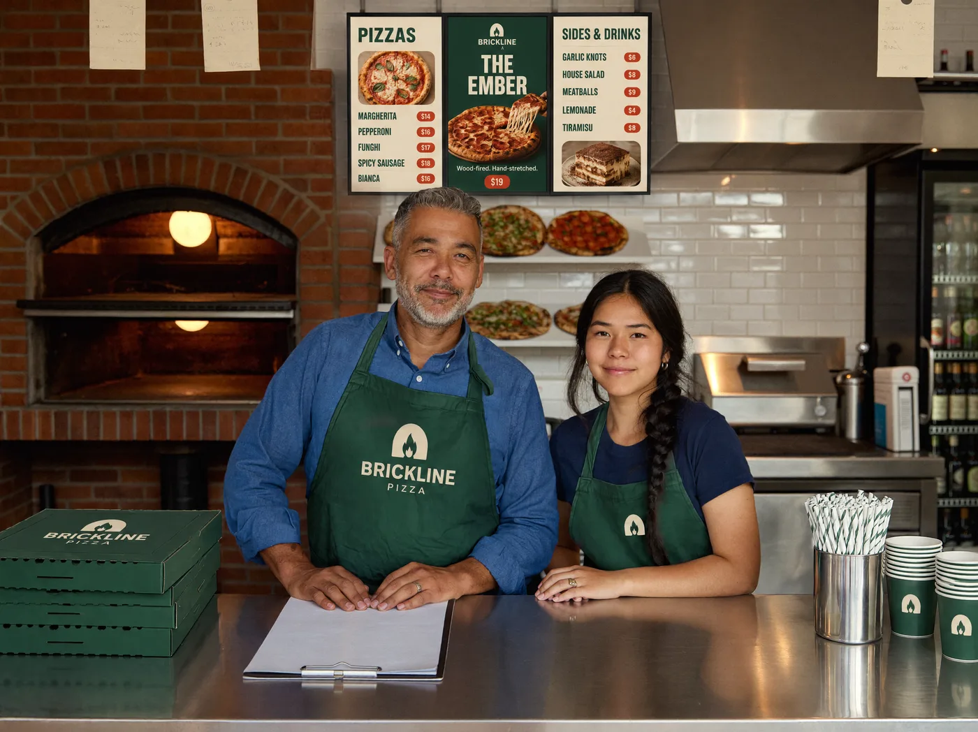 The same counter with AIO: branded aprons, pizza boxes and menu boards